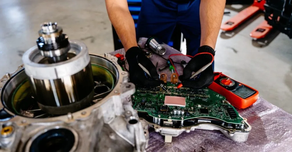 An engineer carrying out electric car maintenance