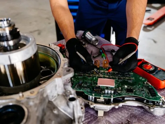 An engineer carrying out electric car maintenance