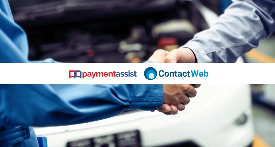 a handshake overlayed with the contact web and payment assist logos