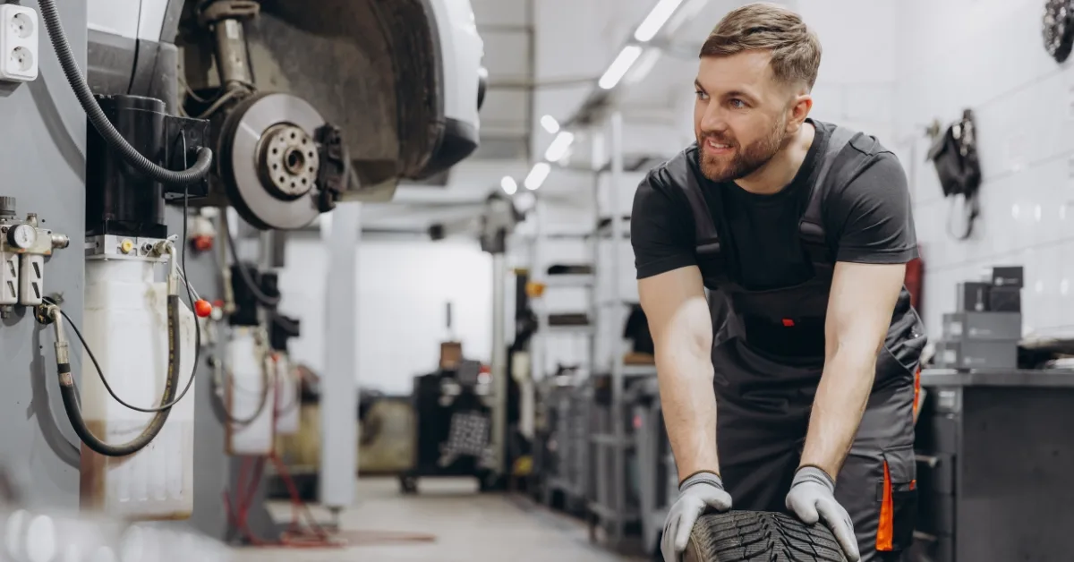 Mechanic carrying a car tyre in a busy garage