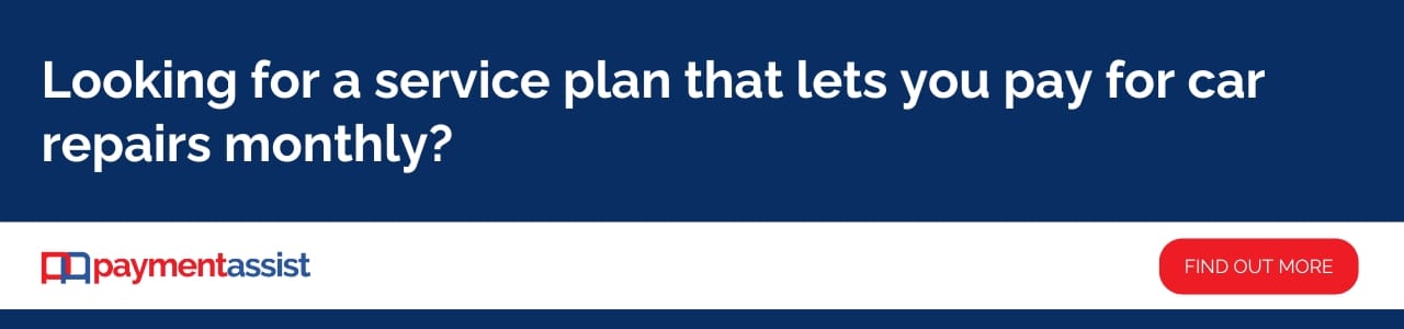 Banner promoting Payment Assist with the text "Looking for a service plan that lets you pay for car repairs monthly?" and a red 'Find Out More' button.