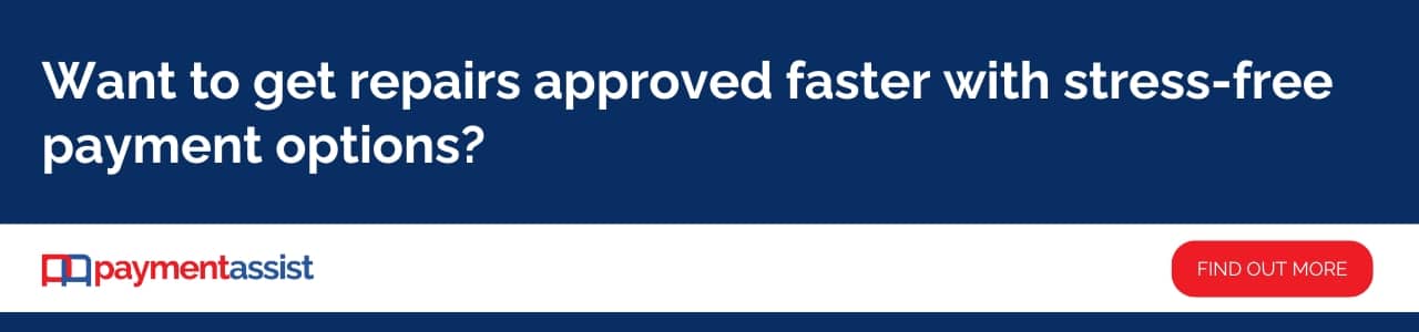 Website banner reading “Want to get repairs approved faster with stress-free payment options?” with Payment Assist logo and red “Find Out More” button.