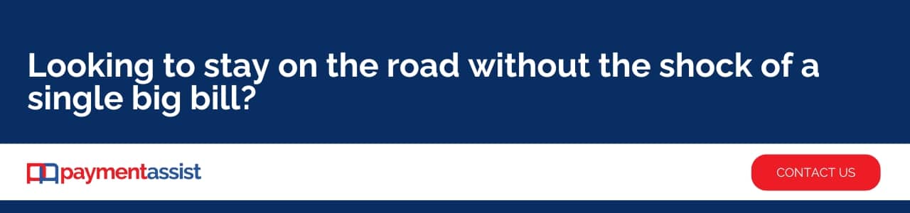 Website banner reading “Looking to stay on the road without the shock of a single big bill?” with Payment Assist logo and red “Contact Us” button, promoting cost of car ownership finance options.