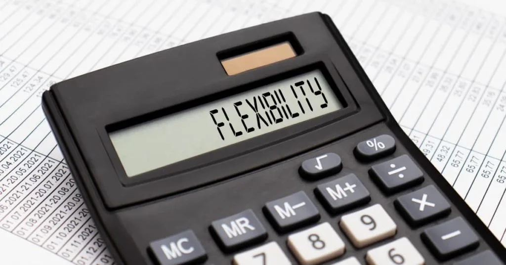 Calculator displaying the word flexibility to highlight the benefits of flexible finance options.