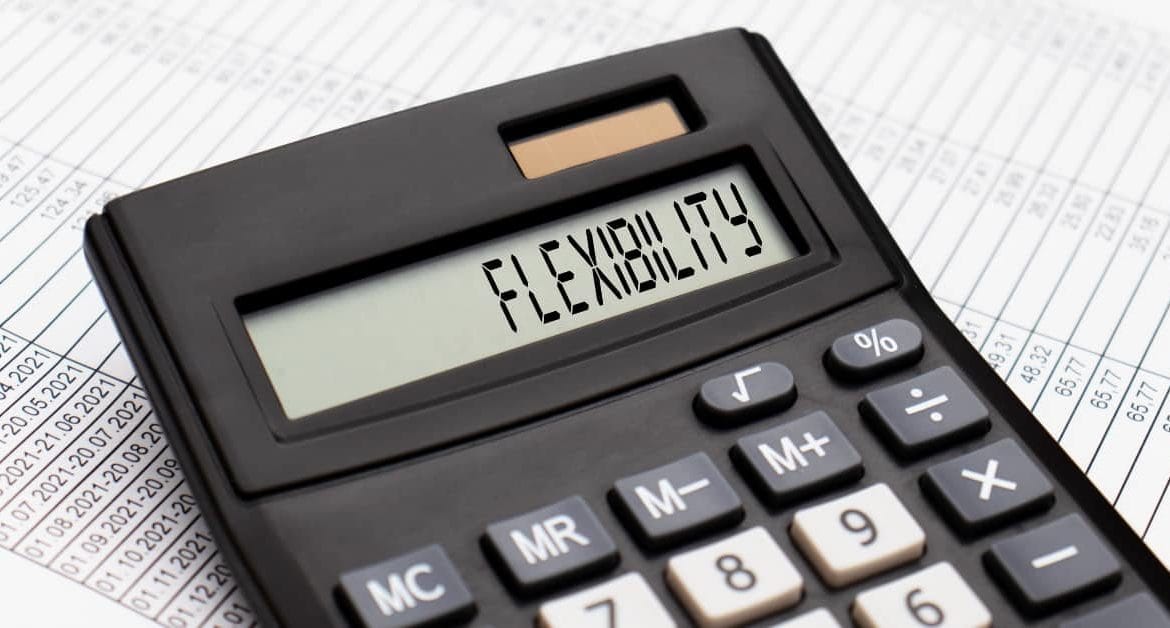 Calculator displaying the word flexibility to highlight the benefits of flexible finance options.