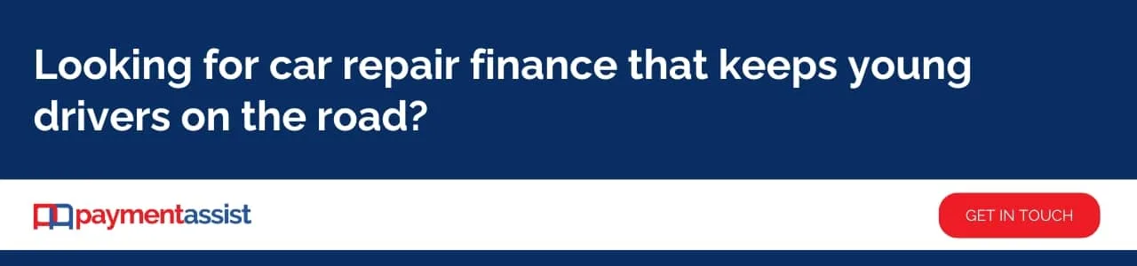 Banner promoting young driver repair finance and affordable car repair costs with Payment Assist.