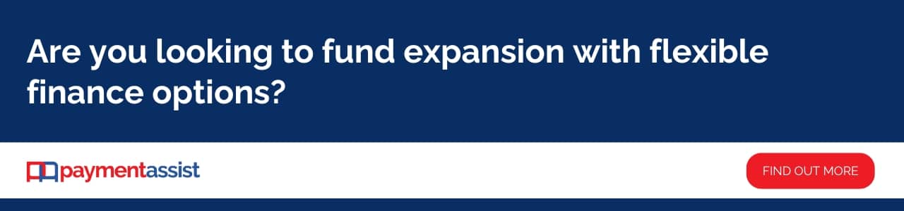 Business finance advert with call to action asking about funding expansion through flexible finance options.