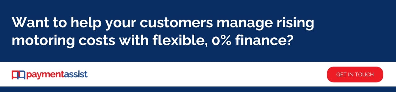 A banner asking garages if they want to help customers manage rising motoring costs linked to the 2025 UK Budget by offering flexible, 0% finance options.