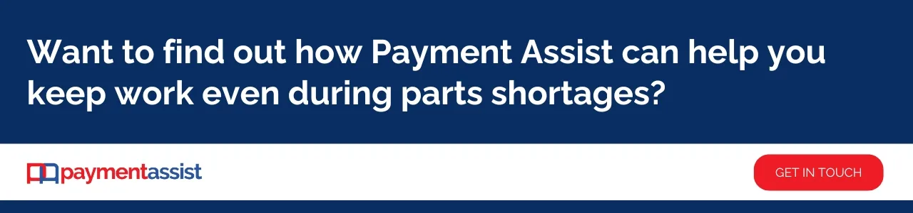 Find out what Payment Assist can offer whe vehicle insurance write-offs impact your customers: Branded banner promoting Payment Assist’s support when consideration of vehicle insurance write-offs affects customers, including logo and contact button.
