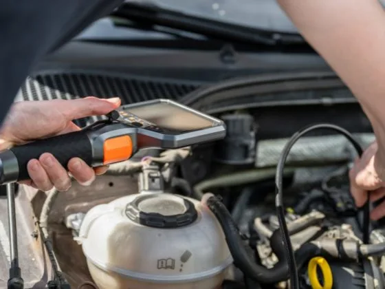 Preventative car maintenance, Mechanic using a diagnostic tool under a car bonnet, illustrating preventative car maintenance checks and inspections.
