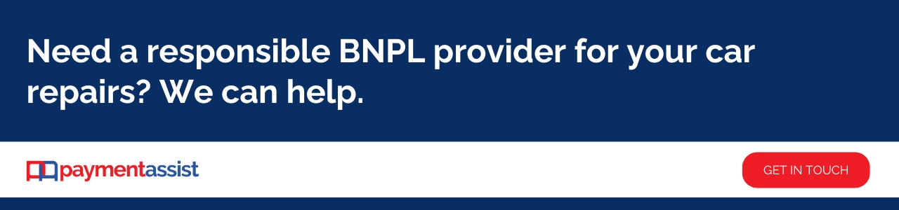 Responsible BNPL for car repairs cta, Website banner reading “Need a responsible BNPL provider for your car repairs? We can help.” with a Get in touch button and Payment Assist branding.