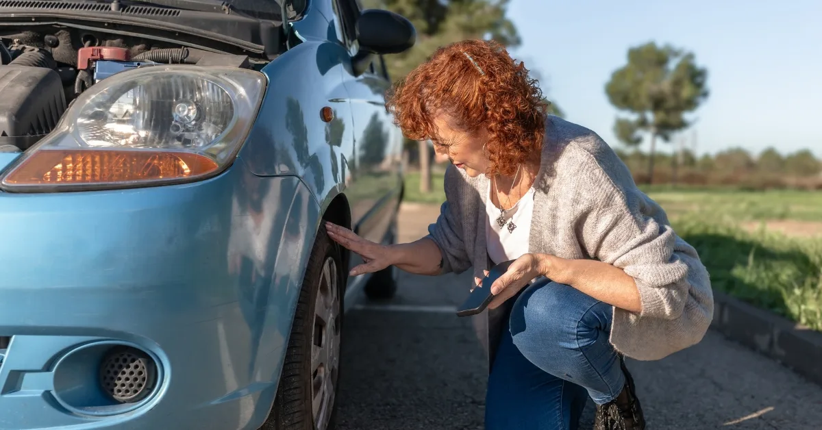Small faults turn into big repairs – Woman crouching beside a car checking the front wheel area on the roadside.