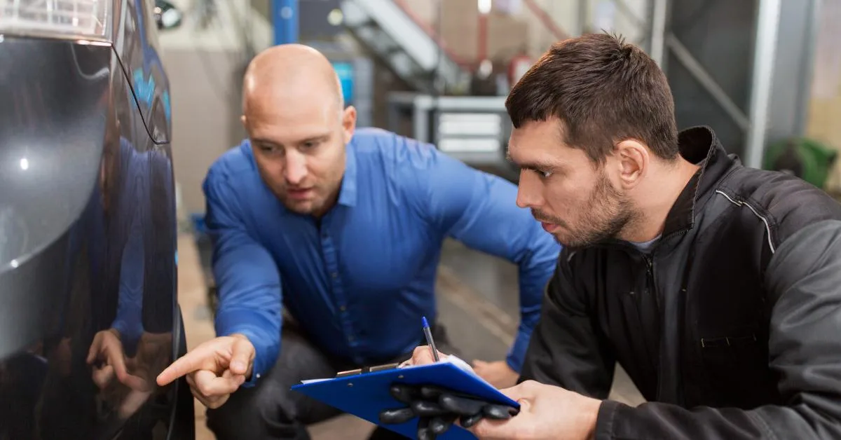 Car repair quality control: Two men crouch down to inspect the bodywork of a dark-coloured car in a garage workshop, one pointing at the vehicle while the other takes notes on a blue clipboard.