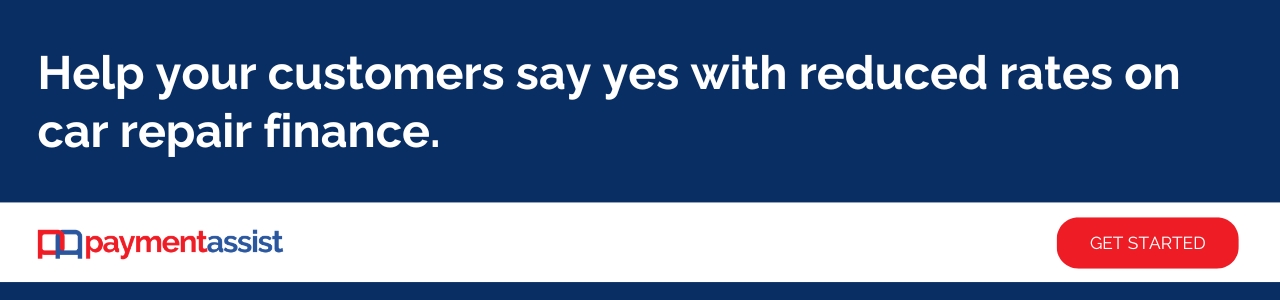 Help your customers say yes with reduced rates on car repair finance: A Payment Assist banner advertisement on a dark navy background with white bold text reading "Help your customers say yes with reduced rates on car repair finance", featuring the Payment Assist logo and a red "Get Started" call-to-action button.