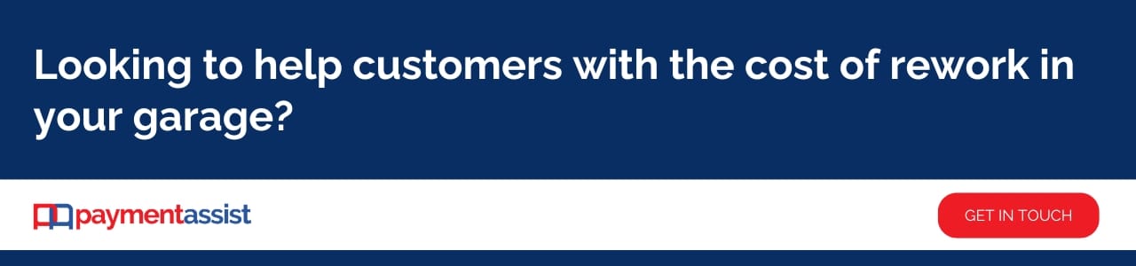 Looking to help customers with the cost of rework in your garage: A Payment Assist banner advertisement on a dark blue background with white bold text and a red "Get in Touch" call-to-action button.