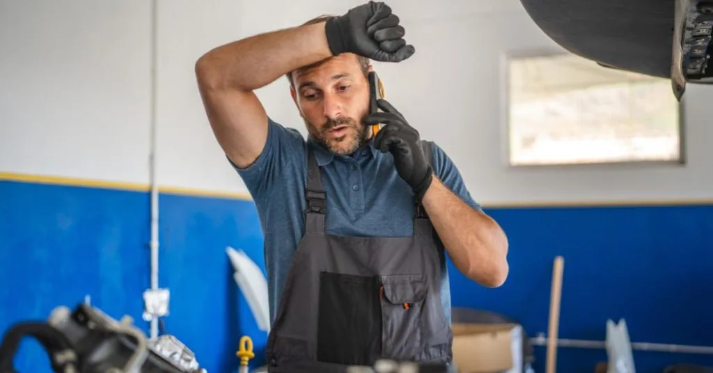 Workshop Quality Control: A stressed-looking mechanic in grey overalls and black gloves talks on a mobile phone whilst resting his hand on his forehead, standing in a garage with car parts visible around him.