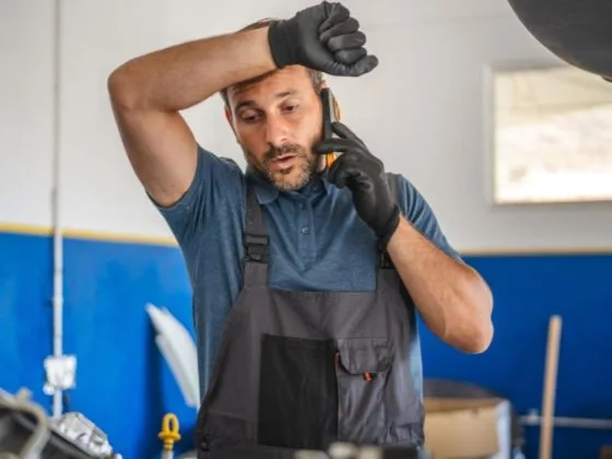Workshop Quality Control: A stressed-looking mechanic in grey overalls and black gloves talks on a mobile phone whilst resting his hand on his forehead, standing in a garage with car parts visible around him.