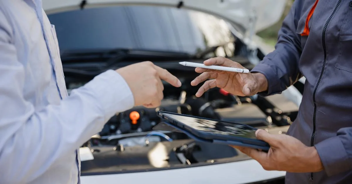 Car repair finance paying mechanic: A mechanic in a grey uniform holding a tablet and stylus whilst discussing repair details with a customer in front of an open car bonnet.