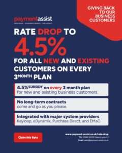 Alt text: A Payment Assist promotional graphic announcing a rate drop to 4.5% on every 3-month plan for all new and existing business customers. Key benefits listed include a 4.5% subsidy on every 3-month plan, no long-term contracts, and integration with Keyloop, eDynamix, Purchase Direct, and EMaC. A red "Claim this Rate" button links to www.payment-assist.co.uk/rate-drop.